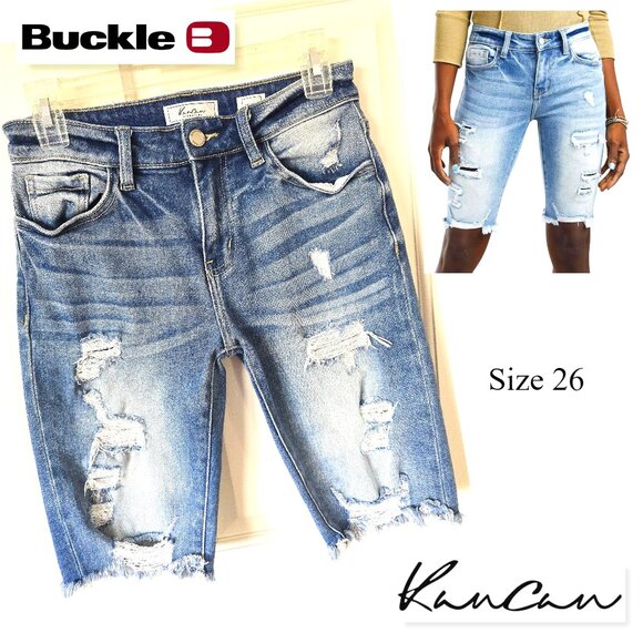 KANCAN The Buckle Distressed Denim Bermuda Jean Shorts 26 - Picture 3 of 15